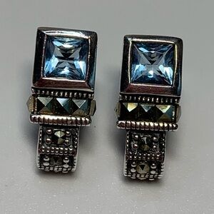 Silpada Vintage Rare Sterling Silver Square Blue Crystal Marcasite Post Earrings
